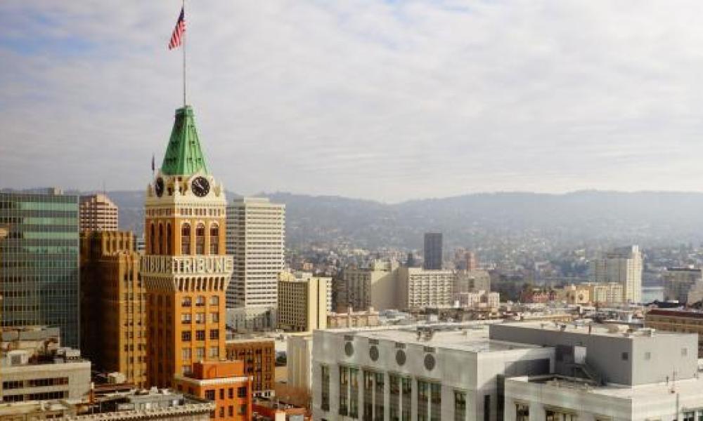 Oakland's skyline, with the Tribune Tower featured prominently.