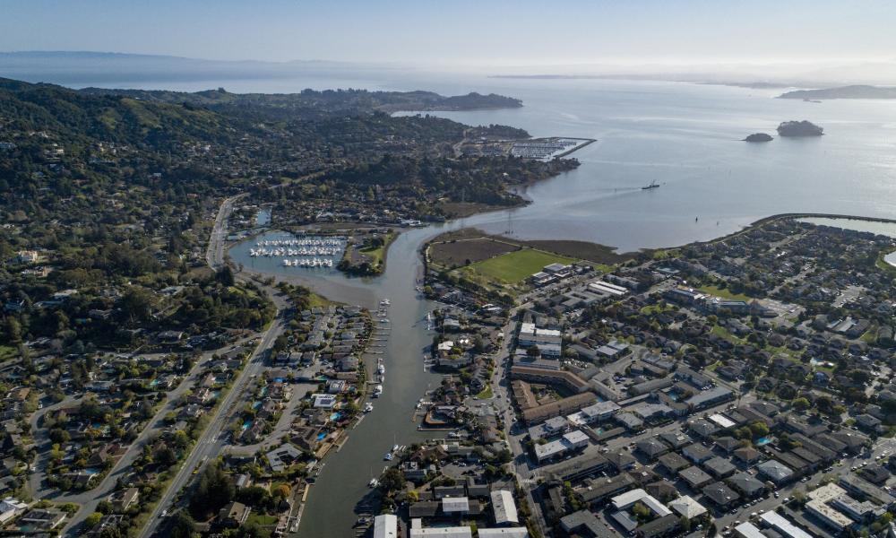 An aerial view of the Canal District along the San Rafael waterfront.