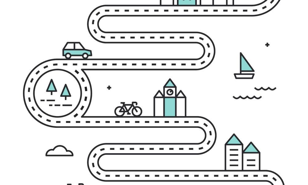 Illustrated roadmap with cars, trees, bicycle, building and sailboat.