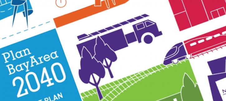 Plan Bay Area 2040 cover image snippet, with logo and illustrations of trucks, trains, trees 